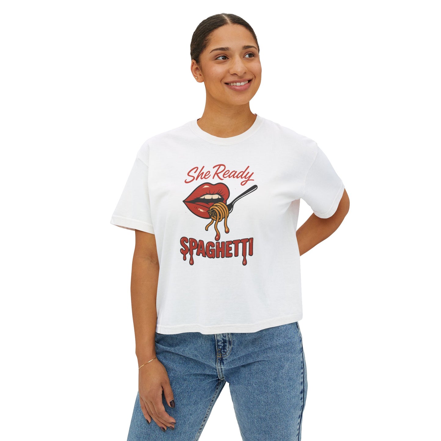She Ready Spaghetti Women’s Boxy Tee — Retro Lip & Fork Graphic T‑Shirt