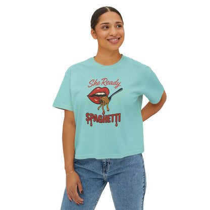 She Ready Spaghetti Women’s Boxy Tee — Retro Lip & Fork Graphic T‑Shirt