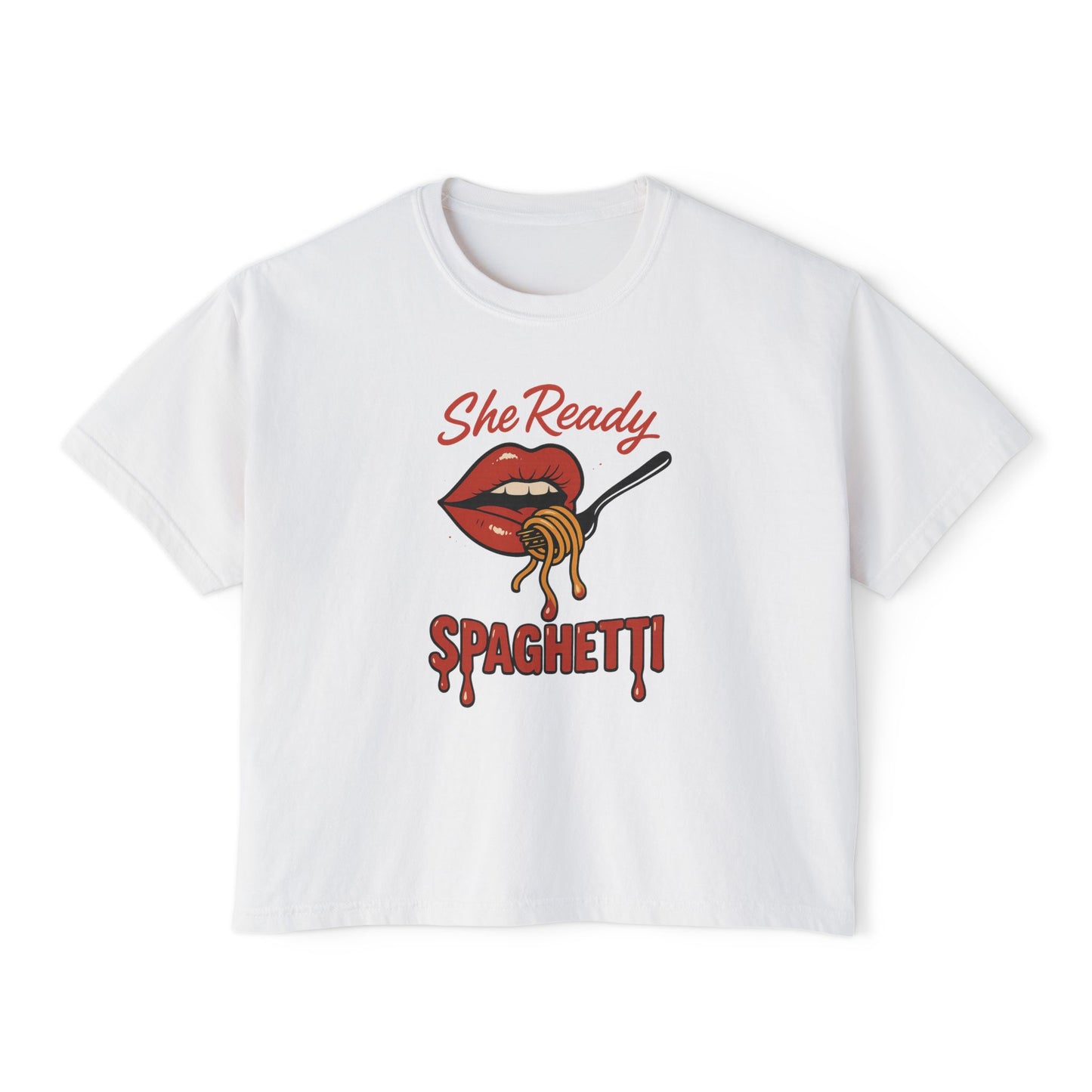 She Ready Spaghetti Women’s Boxy Tee — Retro Lip & Fork Graphic T‑Shirt
