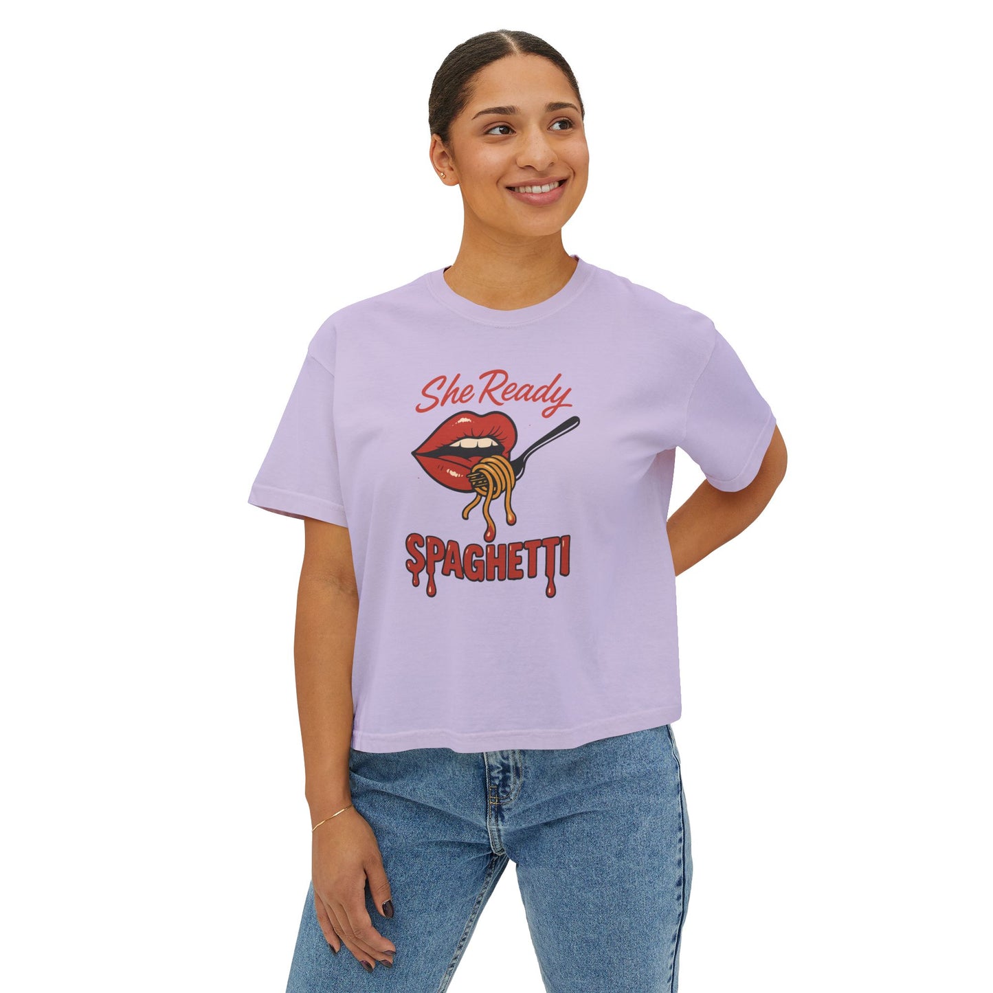 She Ready Spaghetti Women’s Boxy Tee — Retro Lip & Fork Graphic T‑Shirt