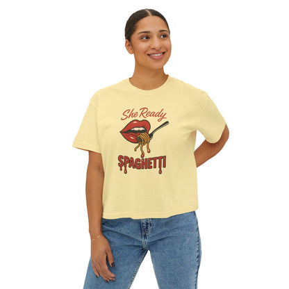 She Ready Spaghetti Women’s Boxy Tee — Retro Lip & Fork Graphic T‑Shirt