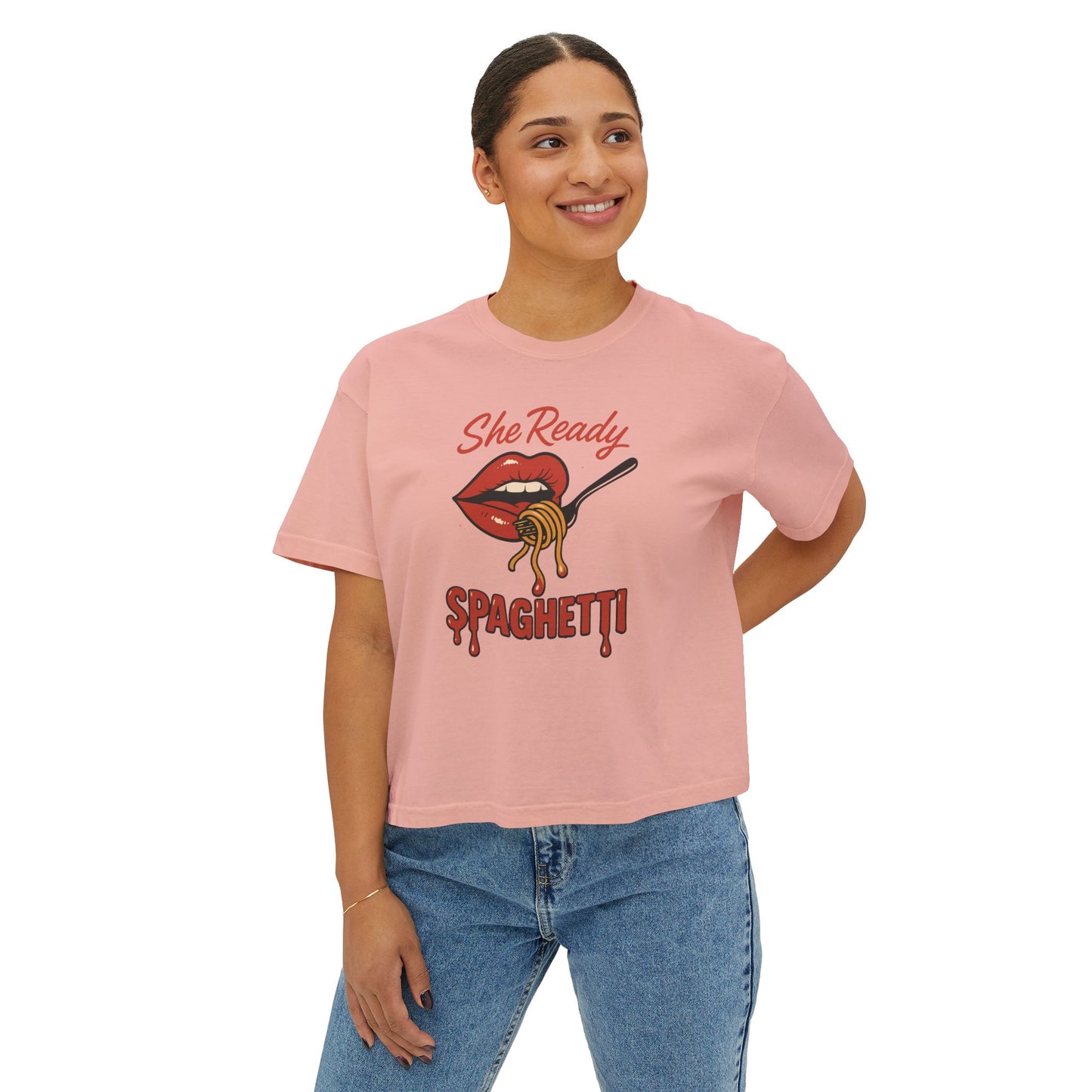 She Ready Spaghetti Women’s Boxy Tee — Retro Lip & Fork Graphic T‑Shirt