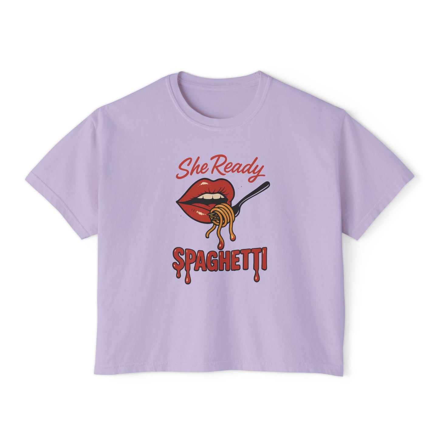 She Ready Spaghetti Women’s Boxy Tee — Retro Lip & Fork Graphic T‑Shirt