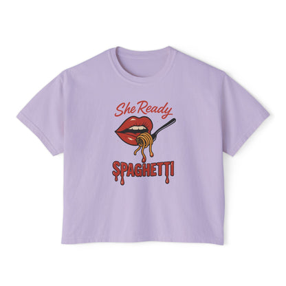 She Ready Spaghetti Women’s Boxy Tee — Retro Lip & Fork Graphic T‑Shirt