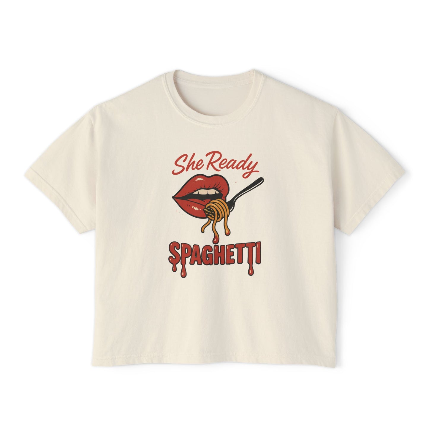 She Ready Spaghetti Women’s Boxy Tee — Retro Lip & Fork Graphic T‑Shirt