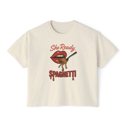 She Ready Spaghetti Women’s Boxy Tee — Retro Lip & Fork Graphic T‑Shirt