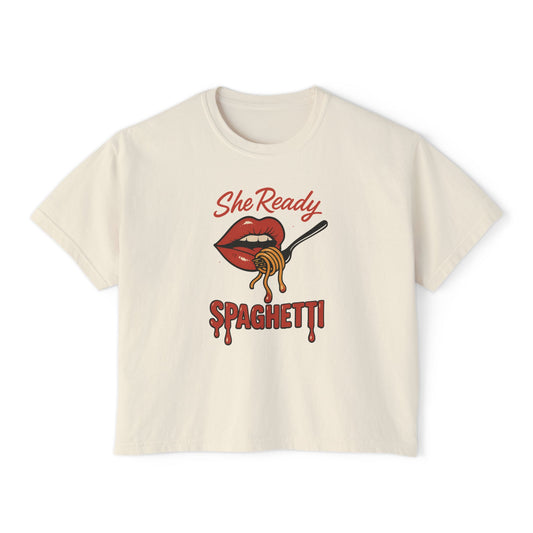 She Ready Spaghetti Women’s Boxy Tee — Retro Lip & Fork Graphic T‑Shirt