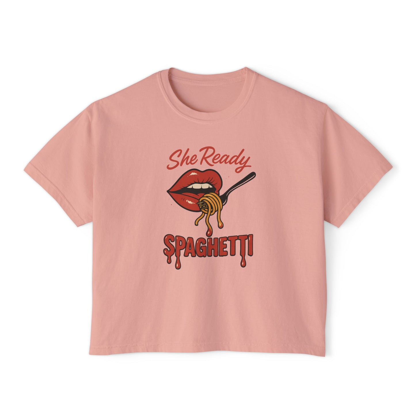 She Ready Spaghetti Women’s Boxy Tee — Retro Lip & Fork Graphic T‑Shirt