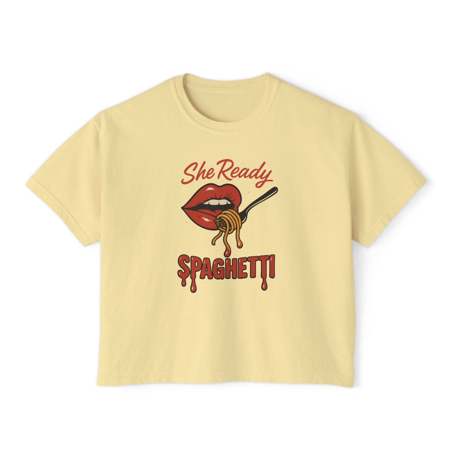 She Ready Spaghetti Women’s Boxy Tee — Retro Lip & Fork Graphic T‑Shirt