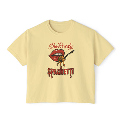 She Ready Spaghetti Women’s Boxy Tee — Retro Lip & Fork Graphic T‑Shirt