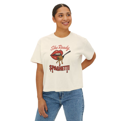 She Ready Spaghetti Women’s Boxy Tee — Retro Lip & Fork Graphic T‑Shirt